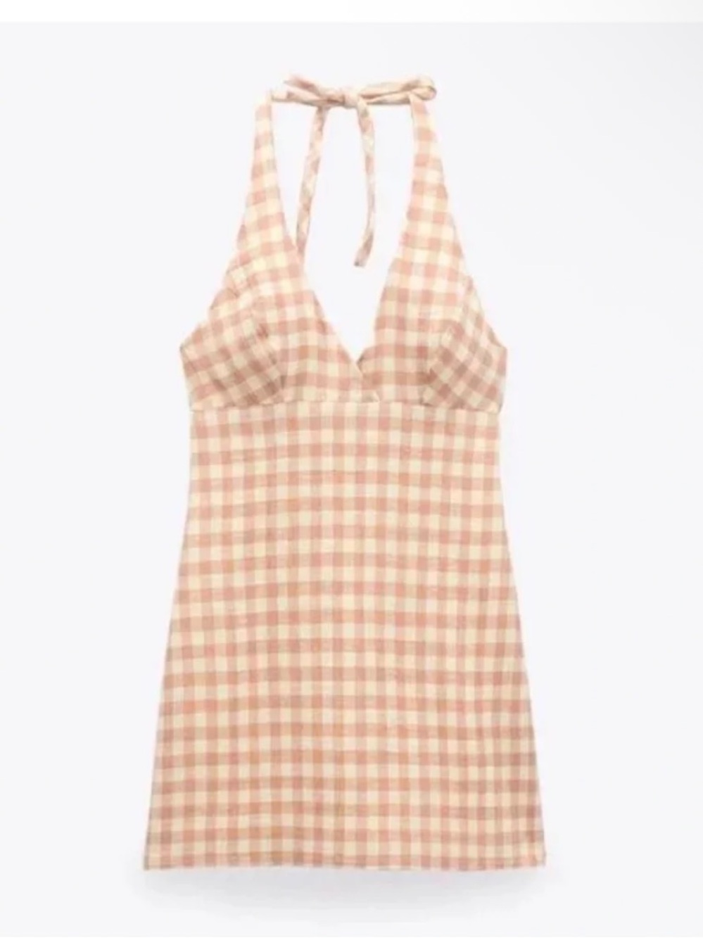 Zara Pink Gingham Print Mini Halter Dress Size Medium Cream & Pink Plaid NWT
